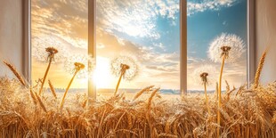 窗景下的麦田与蒲公英