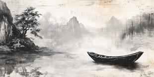 孤舟泛于山水间