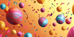 彩色气球与缤纷纸屑飞舞
