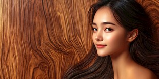 木墙前的柔美长发女子