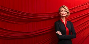 红衣背景下的优雅职业女性