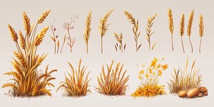 手绘麦穗与田间植物集合