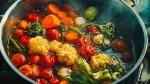 锅中煮着多彩新鲜蔬菜