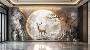 中式玄关 鹿影月景艺术壁画