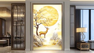 金色鹿月图 中式玄关美景