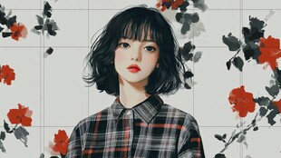 短发少女与花卉图案