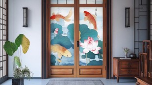 中式门绘锦鲤荷花雅致景