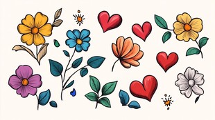 手绘多彩花朵与爱心图案