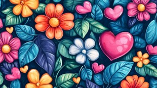 花卉爱心图案的绚丽插画