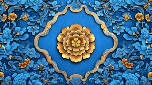 蓝色雕花背景中的金色牡丹