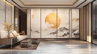 中式客厅之山水旭日背景墙