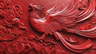 红雕凤凰伴祥云纹理