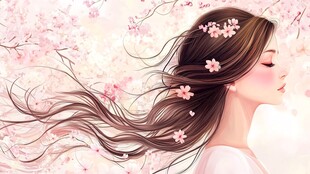 樱花下的长发少女