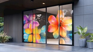 彩色花卉装饰的现代玻璃门