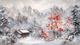 雪覆山林中的红树小屋
