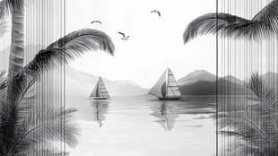 黑白海景中的帆船与棕榈树