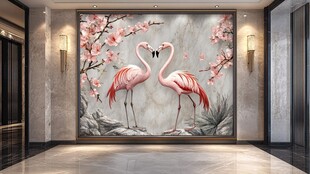浪漫火烈鸟玄关艺术壁画