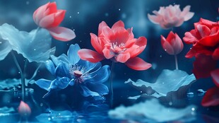 梦幻荷花绽放于幽蓝水面