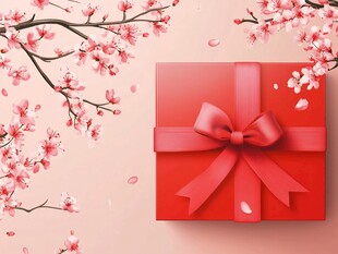 樱花下的红色精美礼品盒