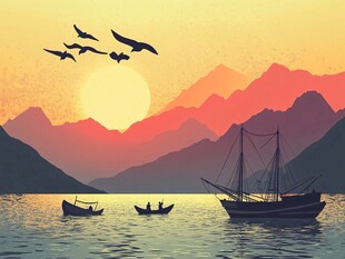 夕阳下的山水渔船美景