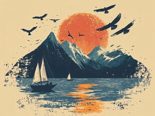 夕阳下的山海帆船飞鸟景