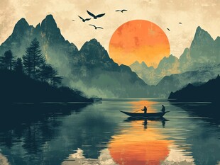 夕阳下的山水泛舟图景