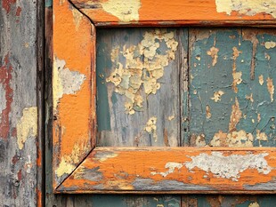 斑驳旧木窗框细节特写