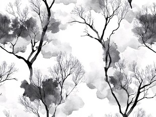 水墨枯树云雾无缝图案