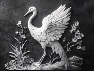 仙鹤浮雕 优雅身姿与花卉相伴