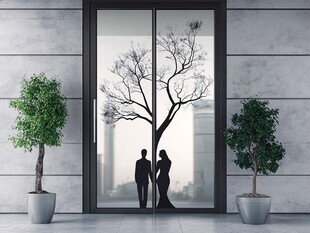 玻璃门前的浪漫情侣剪影