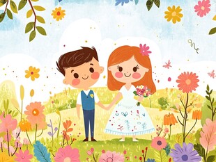 花田中甜蜜的新婚夫妇