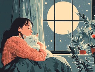 月夜下女孩与猫咪的温馨时刻