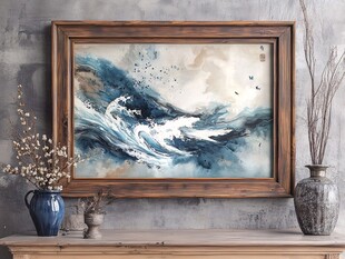 中式水墨海浪挂画展示