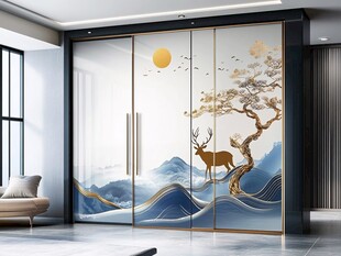 中式山水麋鹿衣柜玻璃门