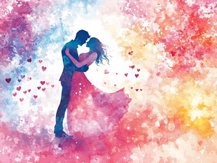 浪漫情侣拥吻水彩插画