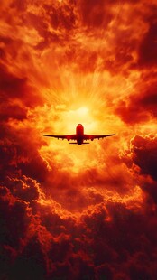 夕阳下翱翔的飞机