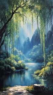 柳影映湖的清幽山林美景