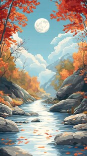秋日溪边月夜美景