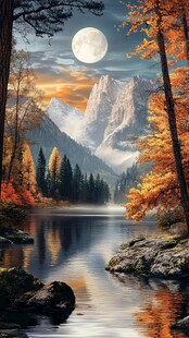 月夜山林湖景梦幻风光