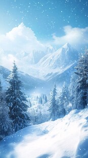 冬日雪山松林梦幻雪景图