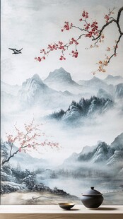 中式山水意境茶室背景图