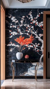 中式玄关梅花壁画装饰