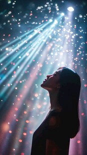 女孩仰望梦幻灯光秀