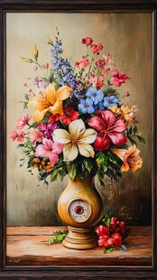 花瓶中的多彩花卉静物画