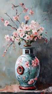 青花瓷瓶插繁花艺术画