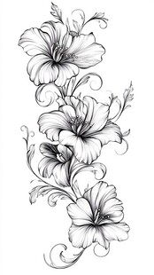 黑白手绘芙蓉花藤蔓图案