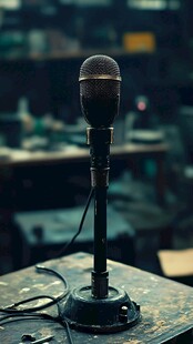 复古麦克风置于旧桌面上