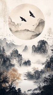 水墨山水间双鸟翱翔图