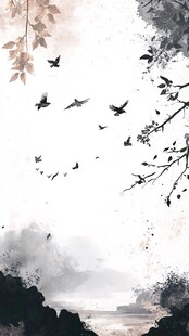 水墨飞鸟山水意境图