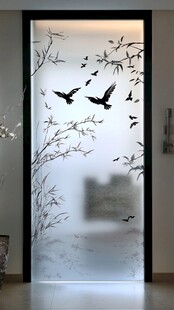中式花鸟磨砂玻璃门装饰